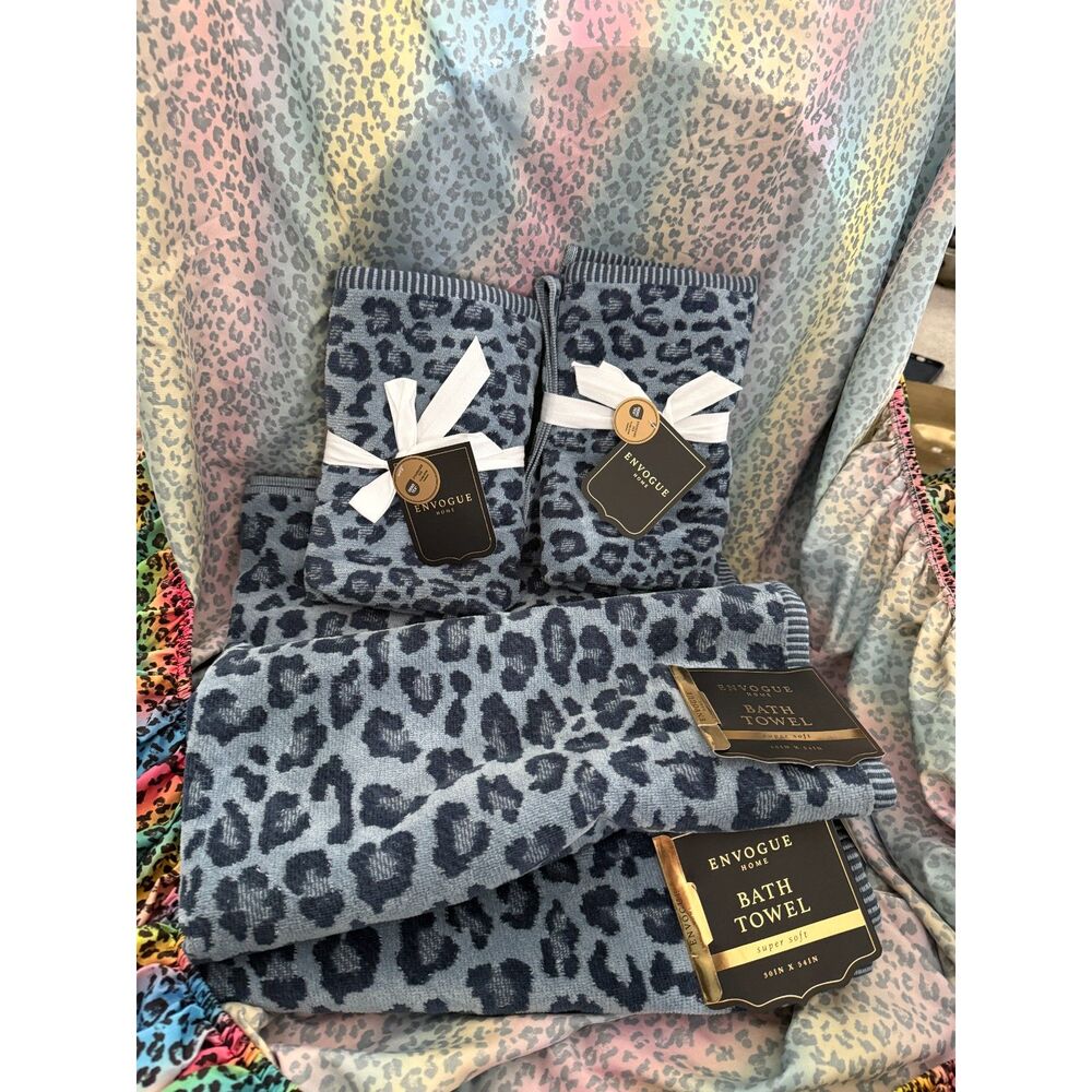 Envogue Home Leopard Print Towel Set Blue100% Cotton Bath Hand Towels reversable